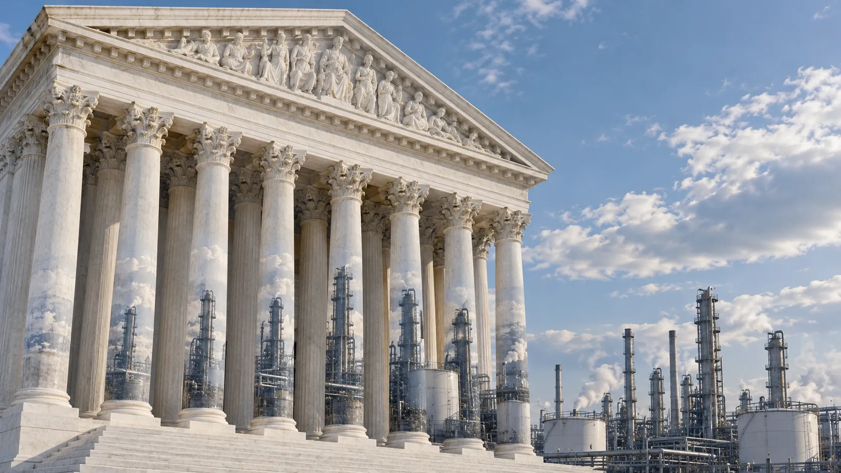 The Court and fossil fuel industry are paired in this illustration of the dispute over whether federal law preempts state climate liability claims.