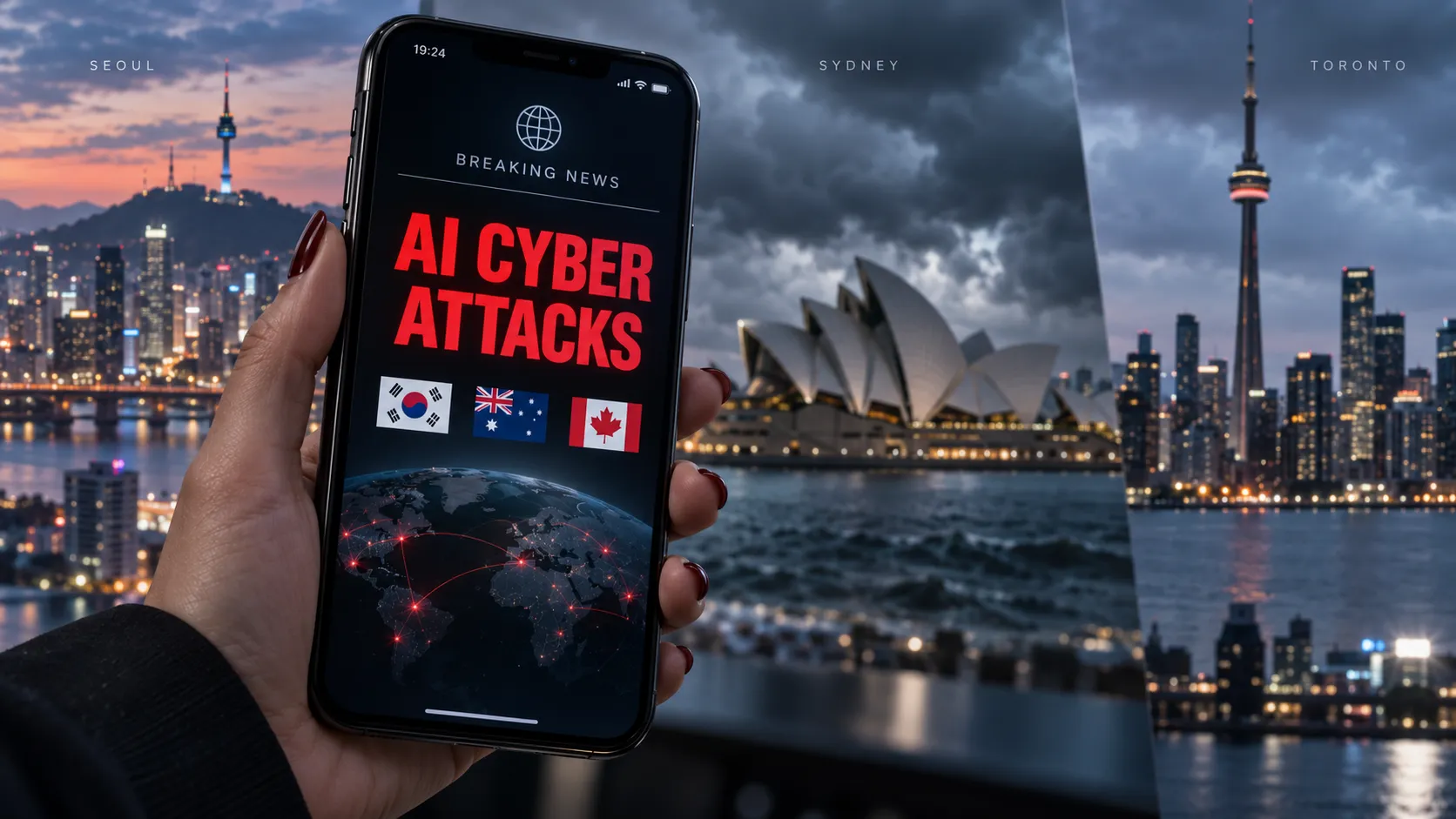 A smartphone screen displays alerts about AI-driven cyber attacks targeting financial and government sectors in South Korea, Australia, and Canada, reflecting the global escalation of automated threats.