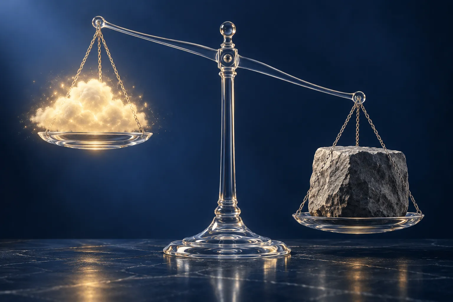 A conceptual illustration showing a legal scale balancing an abstract cloud of light against a heavy stone block, visually representing the court's ruling that expectation does not equal agreement.