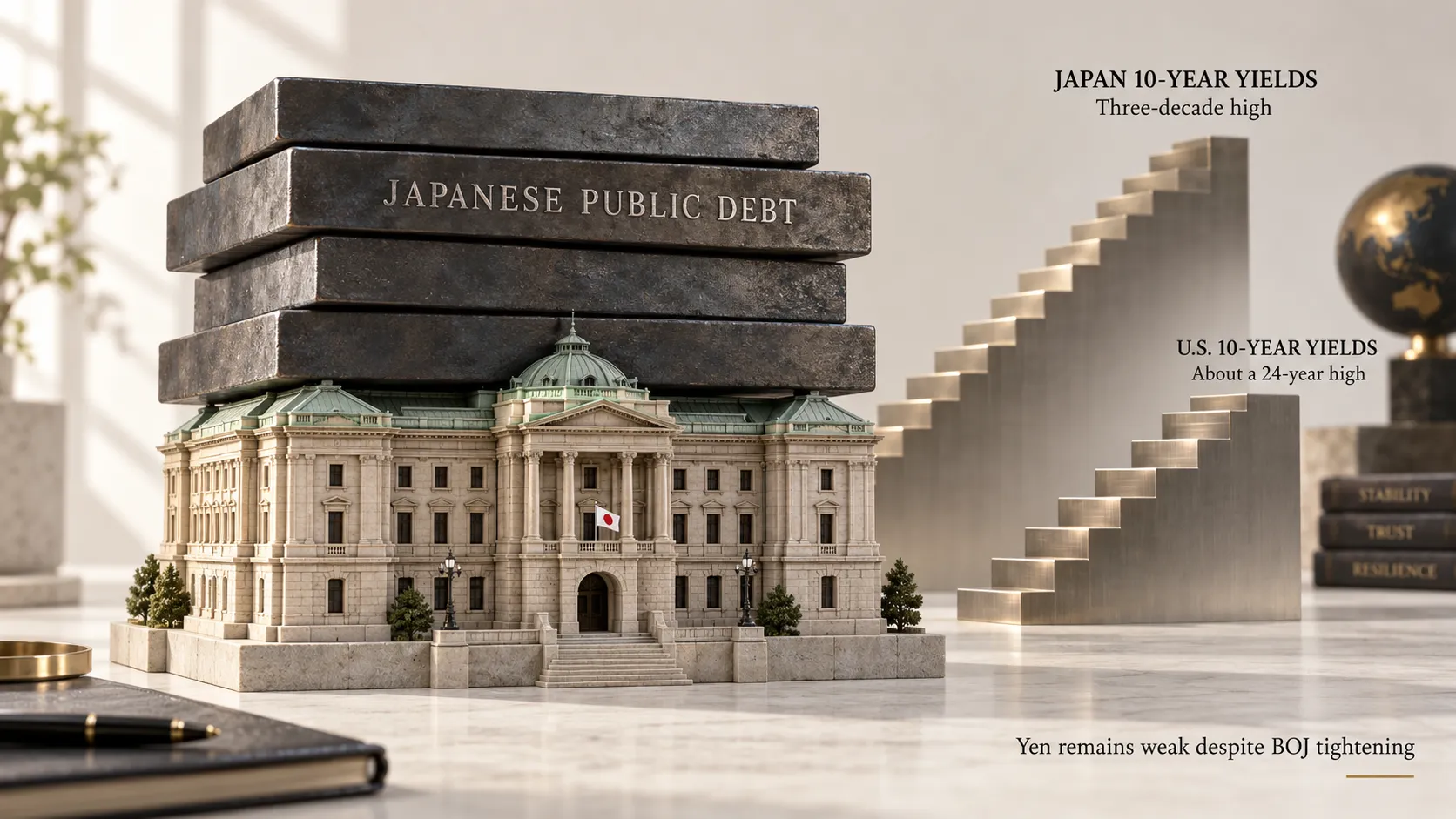 Rising Japanese and U.S. bond yields signal tighter global credit conditions, while Japan faces higher debt-servicing costs and continued yen weakness.