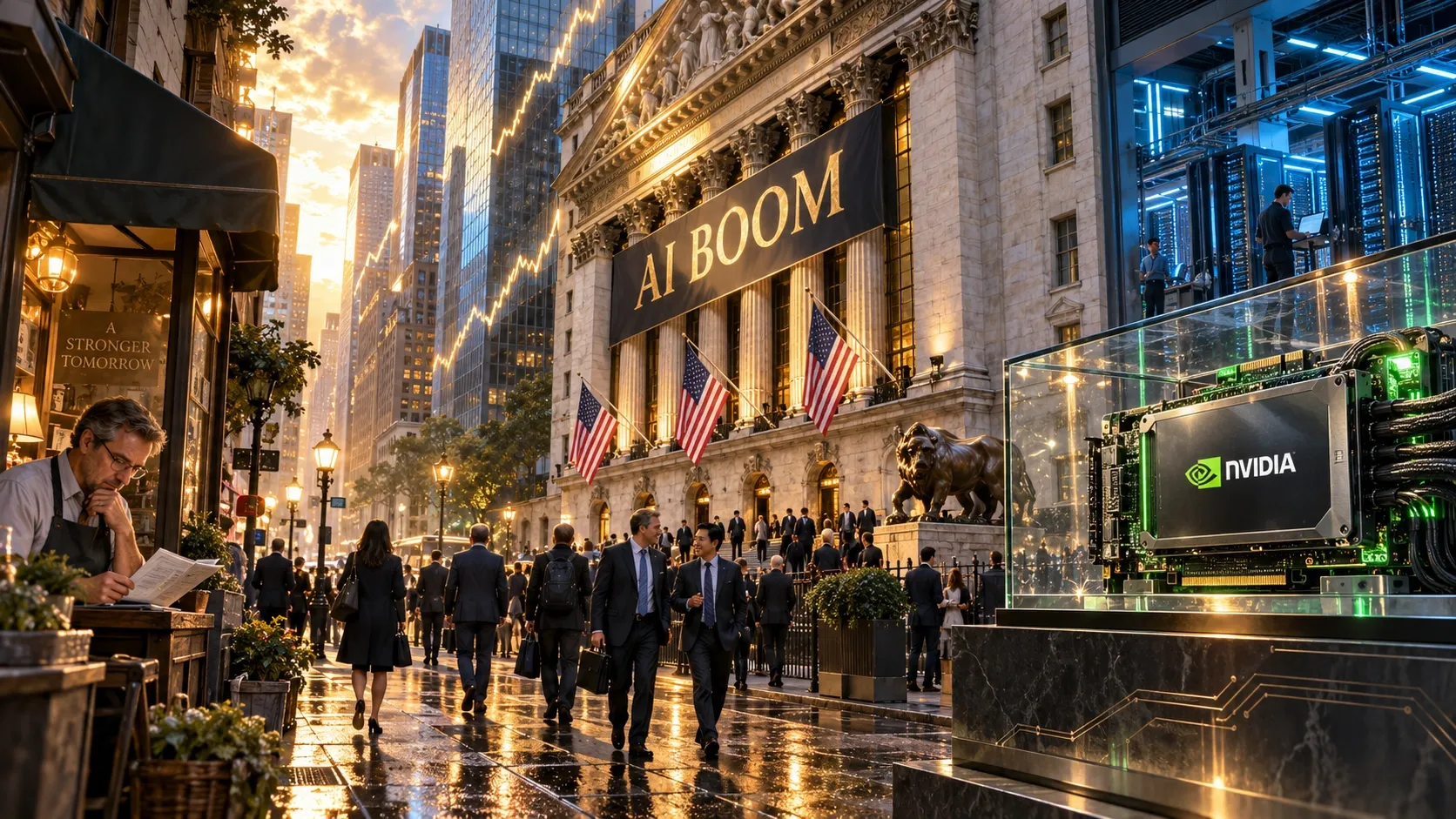Conceptual editorial illustration of Wall Street’s AI boom, Nvidia-powered compute investment and the uneven pressures on ordinary businesses.