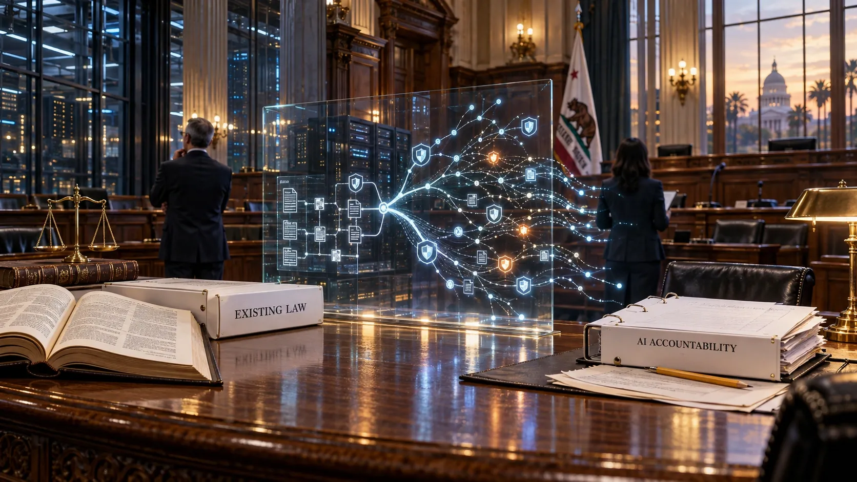 Conceptual legislative scene contrasting existing law and proposed AI accountability with a branching autonomous-agent network.
