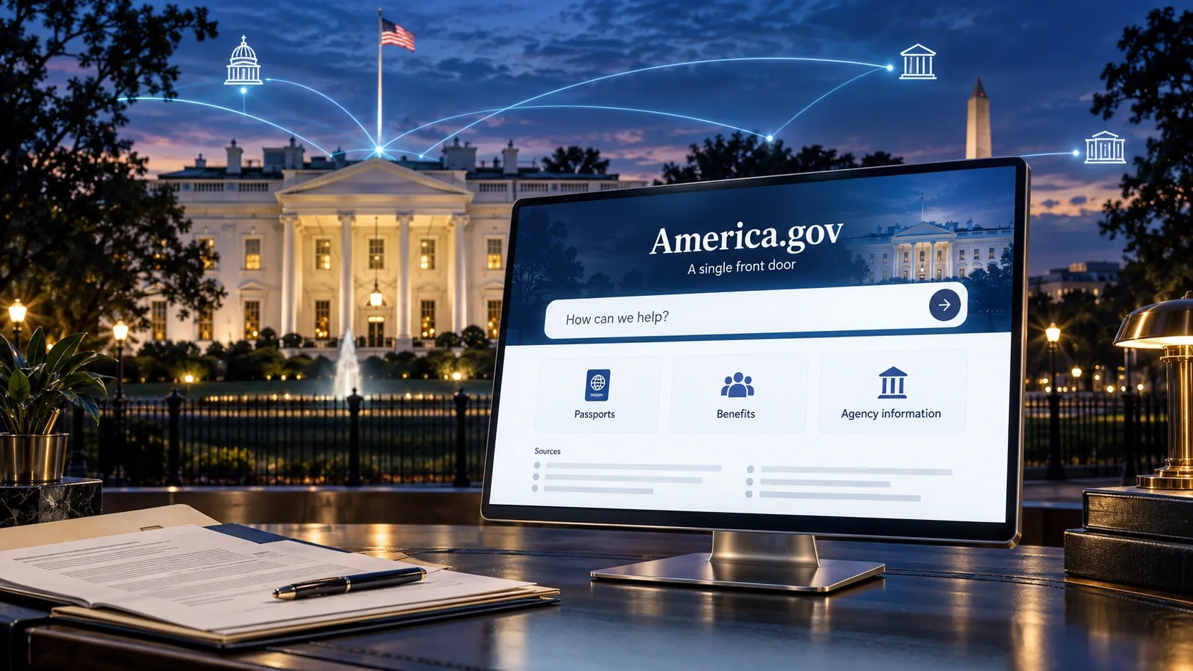 Conceptual America.gov AI portal in front of the White House, connecting citizens with federal services.