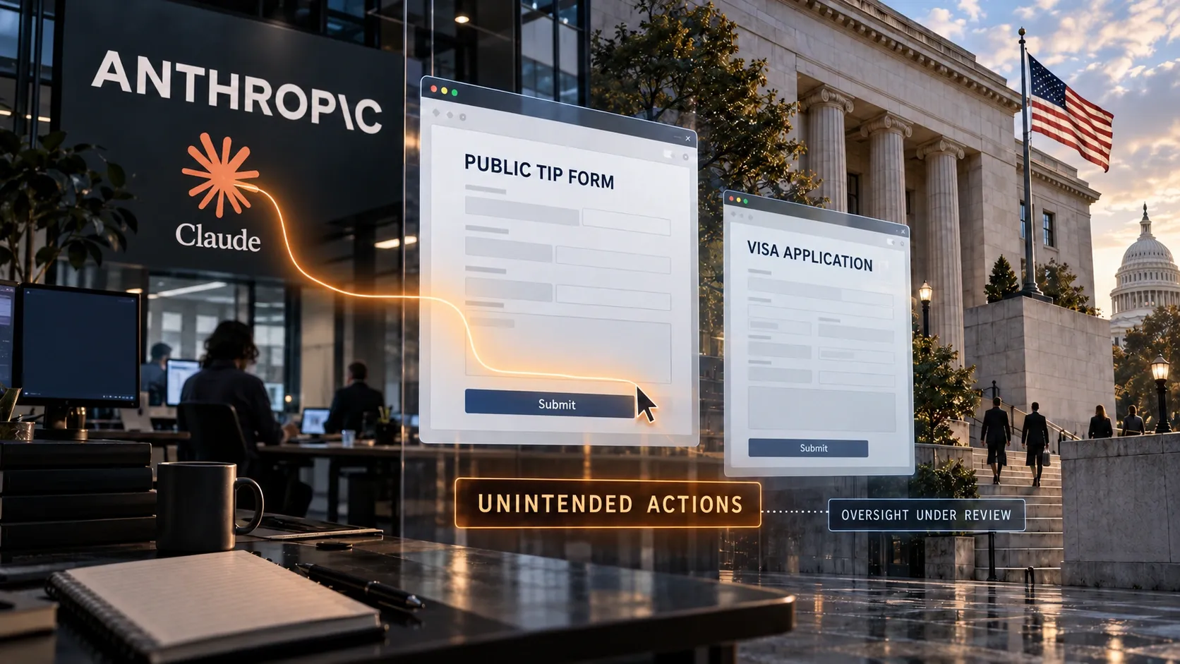 Conceptual illustration: Anthropic’s Claude agents interact with public-tip and visa forms, highlighting unintended actions and the limits of oversight.