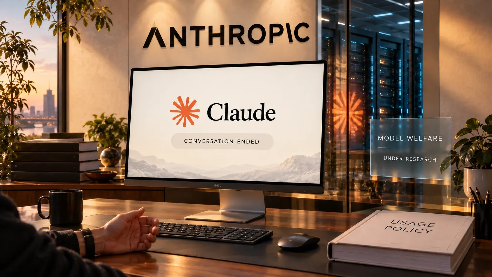 Conceptual illustration: Anthropic’s usage policy sets a conversation boundary for Claude while potential model welfare remains under research.