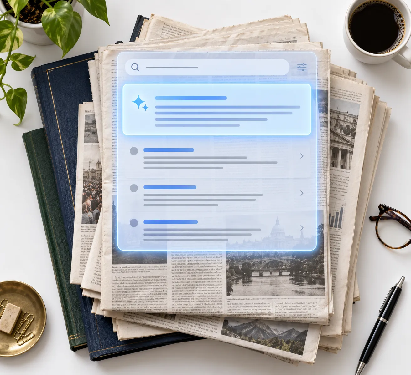 A stack of physical newspapers and textbooks lies on a white surface, partially obscured by a translucent, glowing blue digital overlay representing an AI-generated search summary.
