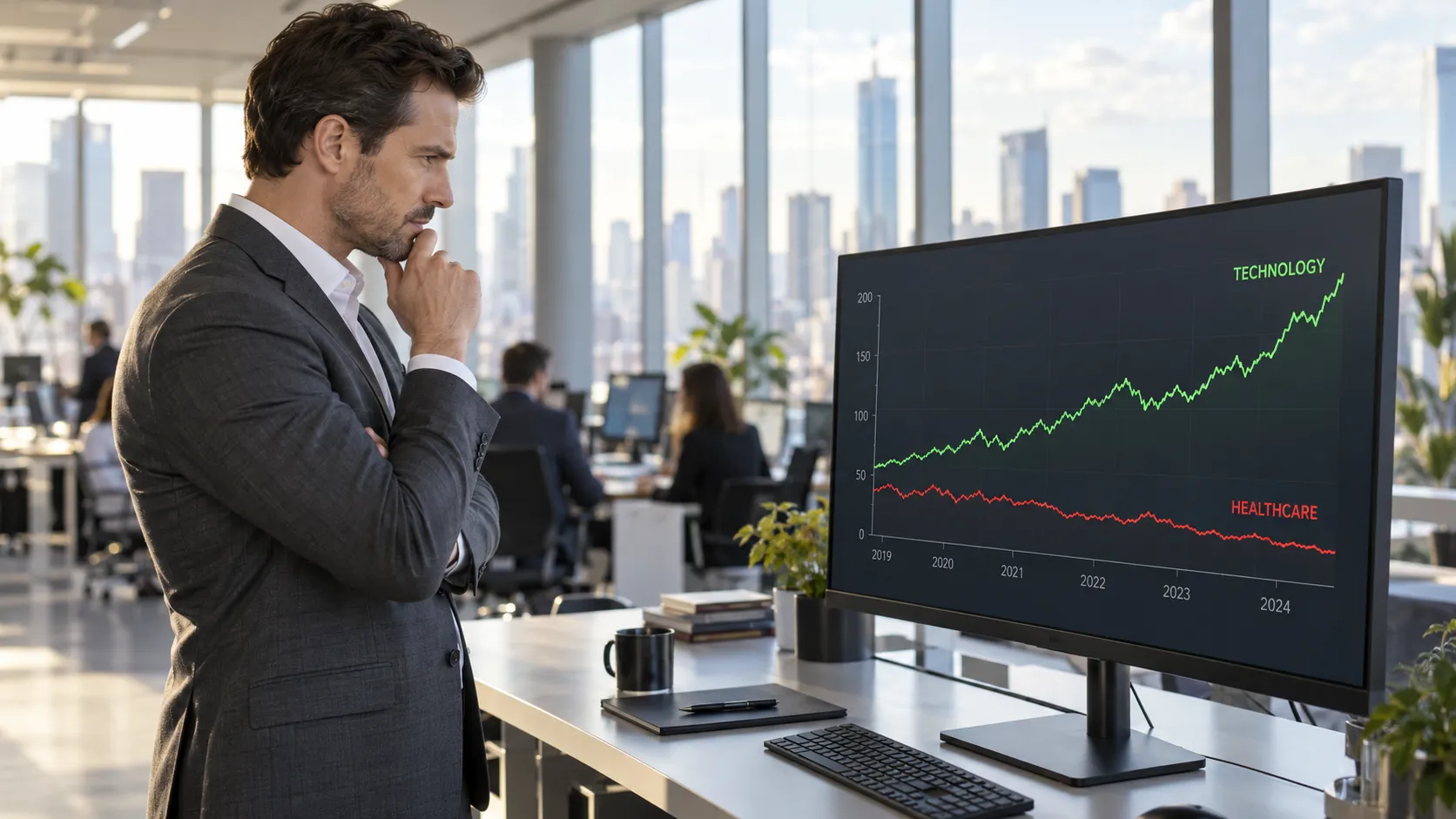 Investors weigh strong tech earnings expectations against lagging healthcare performance as market gains narrow to AI infrastructure.