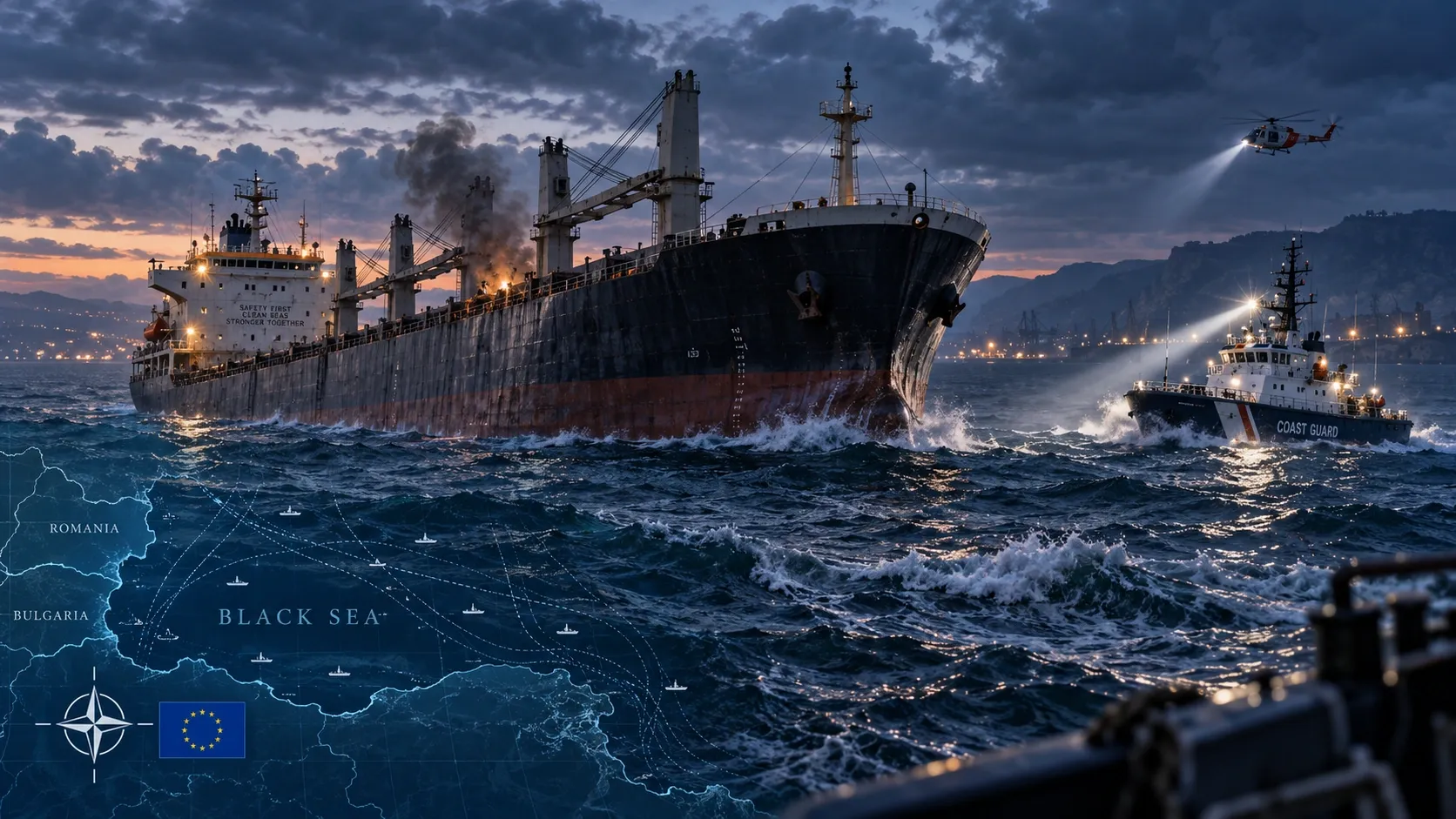 Conceptual editorial illustration of a damaged Black Sea freighter, rescue response and NATO/EU maritime-security concerns near Bulgaria and Romania.
