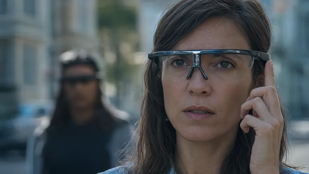 A woman’s guarded expression reflects Norway’s proposal to ban AI glasses in public spaces due to fears of covert surveillance eroding public trust.
