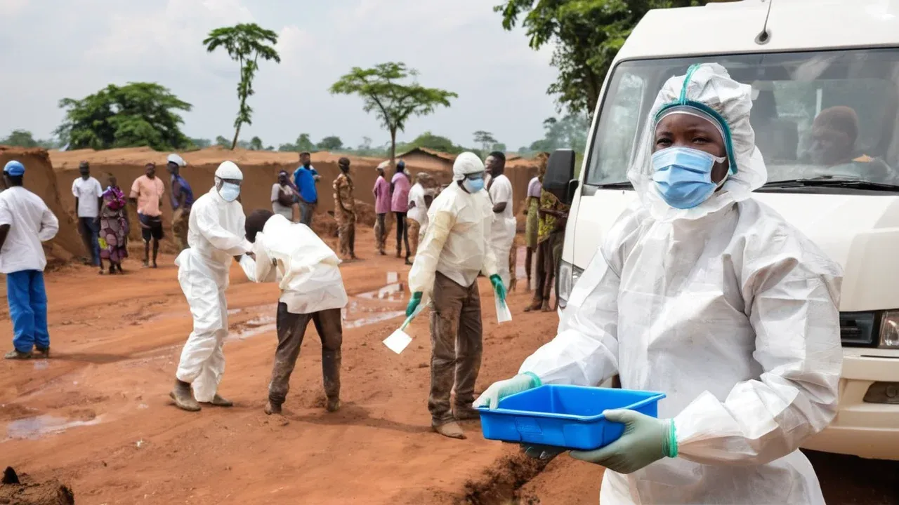 A health worker in full protective gear unloads medical supplies from a vehicle while facing skeptical local residents in a dense settlement.