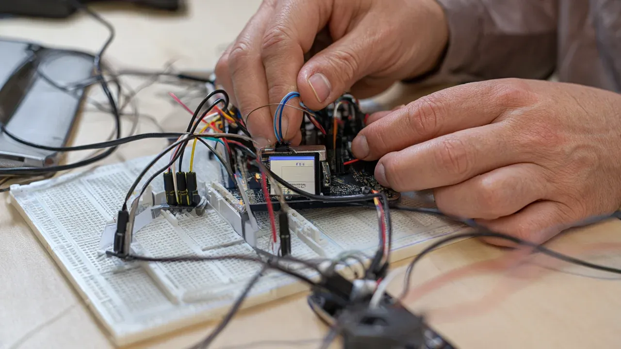 An ESP32 prototype wired to a color e-ink display illustrates Meta's strategy of open-sourcing hardware tools to embed its Muse AI agent into the physical world.