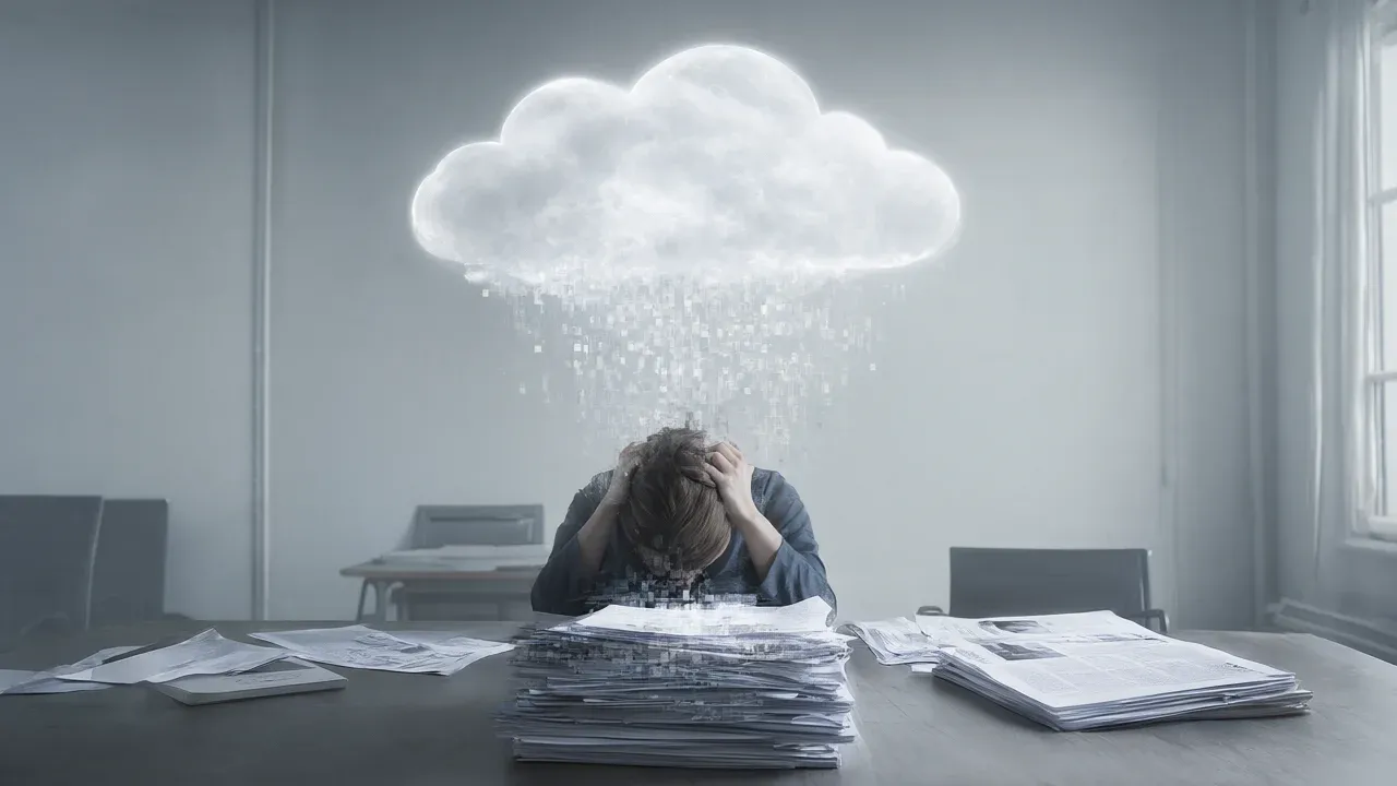 A woman representing publishers sits at a desk with fading papers beneath a bright, transparent cloud symbolizing Google's AI, illustrating the gap between legal relief and economic harm.