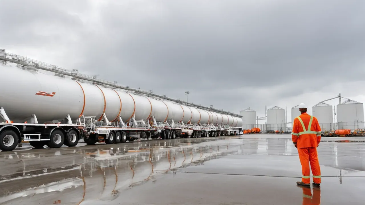 A worker stands near tanker trucks at a large industrial oil terminal under an overcast sky, representing the release of strategic diesel stockpiles.