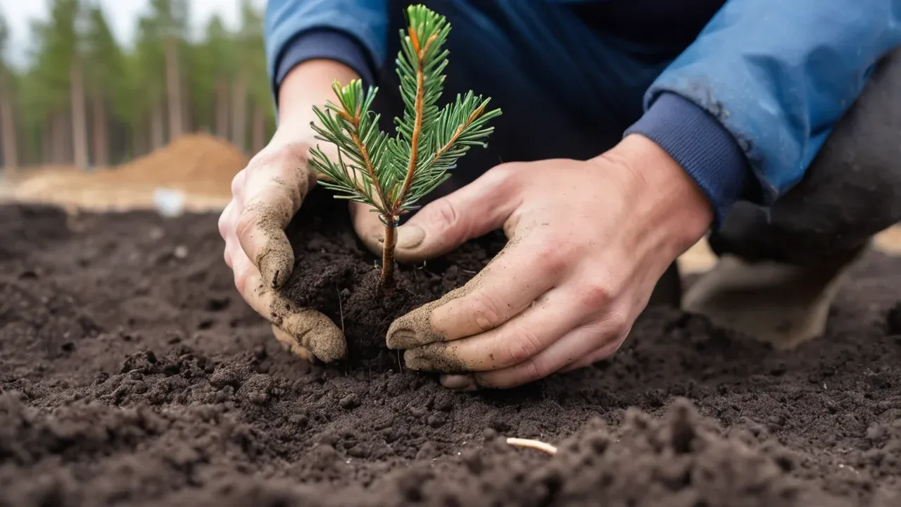 Workers plant saplings at a halted Google data center site in Finland, illustrating the company's biodiversity commitments despite regulatory suspensions.