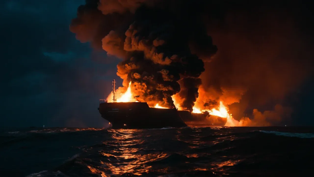 The burning hull of a commercial vessel in the Black Sea illustrates the drone attacks that escalated the conflict into NATO waters, disrupting global trade and testing alliance cohesion.