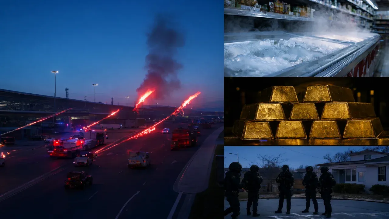 A collage of concurrent global signals including Houthi strikes on Riyadh's airport, a cyberattack on French supermarkets, China's record gold buying, and the federal investigation of Represe