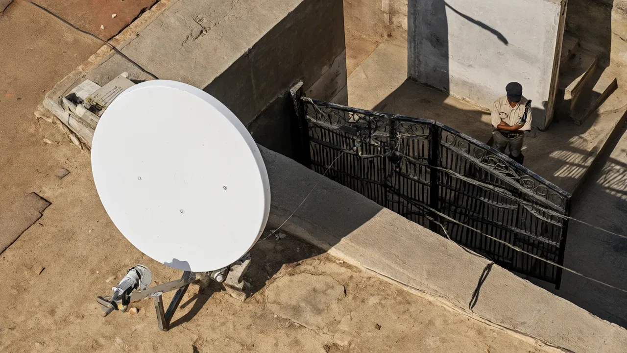 A Starlink terminal blocked by a security gate in India illustrates the regulatory friction preventing foreign satellite internet services from operating despite government claims of fair oversight.