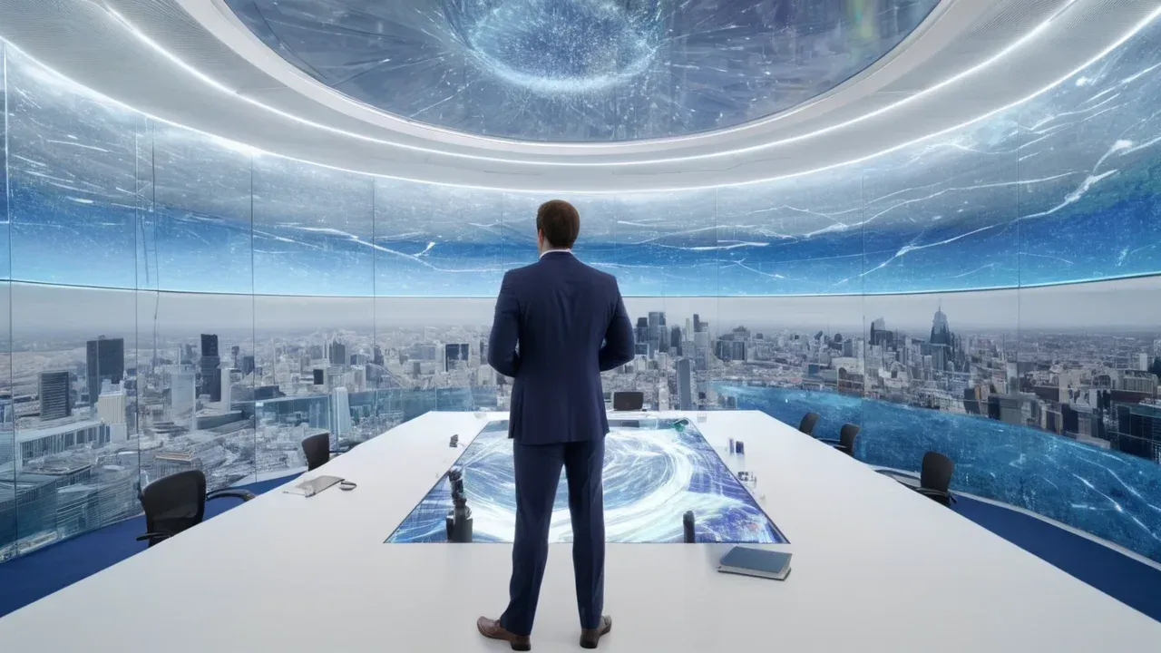 A massive glass-walled corporate conference room overlooking a stylized cityscape.