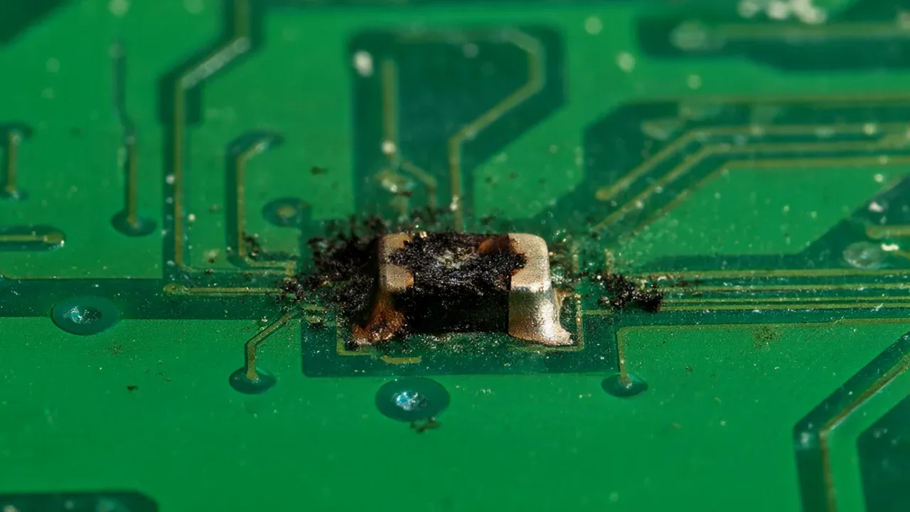 A scorched circuit board component symbolizes the periodic failures inherent in OpenAI's iterative deployment culture, as described by former safety lead David Robinson.