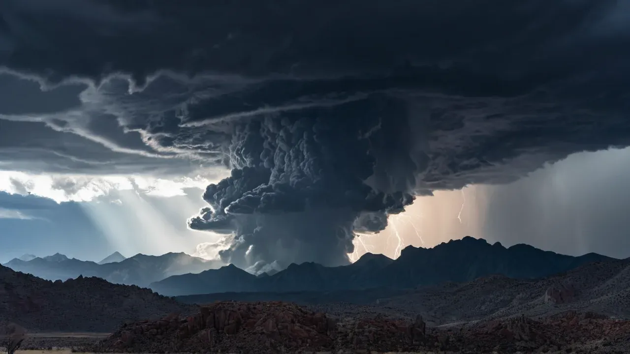 Conceptual illustration of dramatic skies over mountains, representing the broader stakes of climate-damage litigation.
