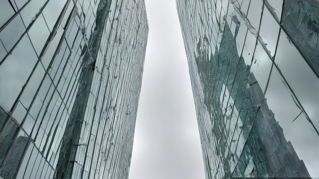 A fractured reflection on a glass facade mirrors the global erosion of institutional trust as political, financial, and digital structures face simultaneous pressure.
