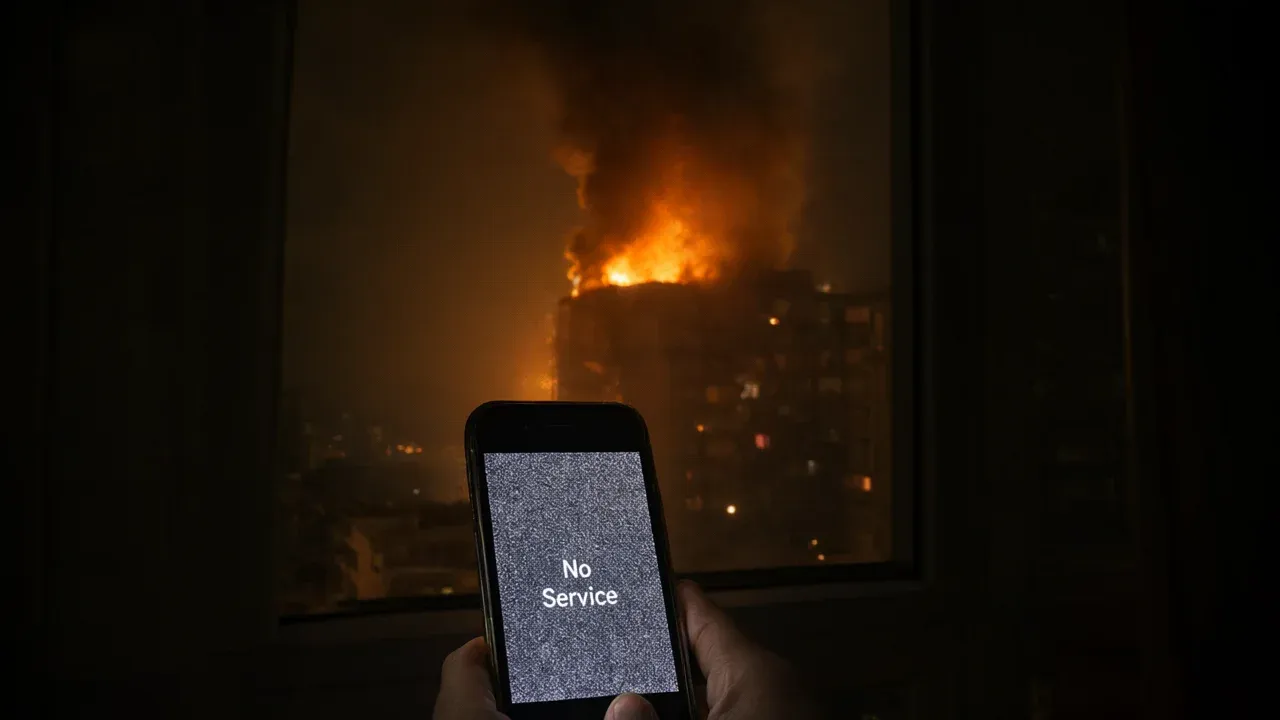 A resident checks her phone for air raid alerts as smoke rises from a business center housing critical internet infrastructure in Kyiv.