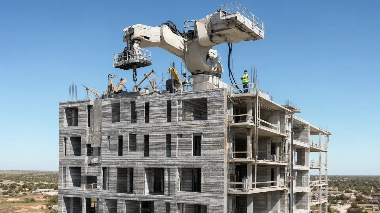 ICON's Titan robotic construction system prints a multi-story home in Texas as the company scales its technology following a $200 million funding round led by BlackRock and Baillie Gifford.