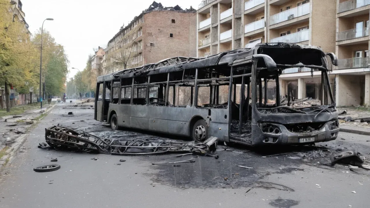 The charred remains of a public bus in Kramatorsk after a Russian glide bomb strike killed at least 30 people during morning rush hour.