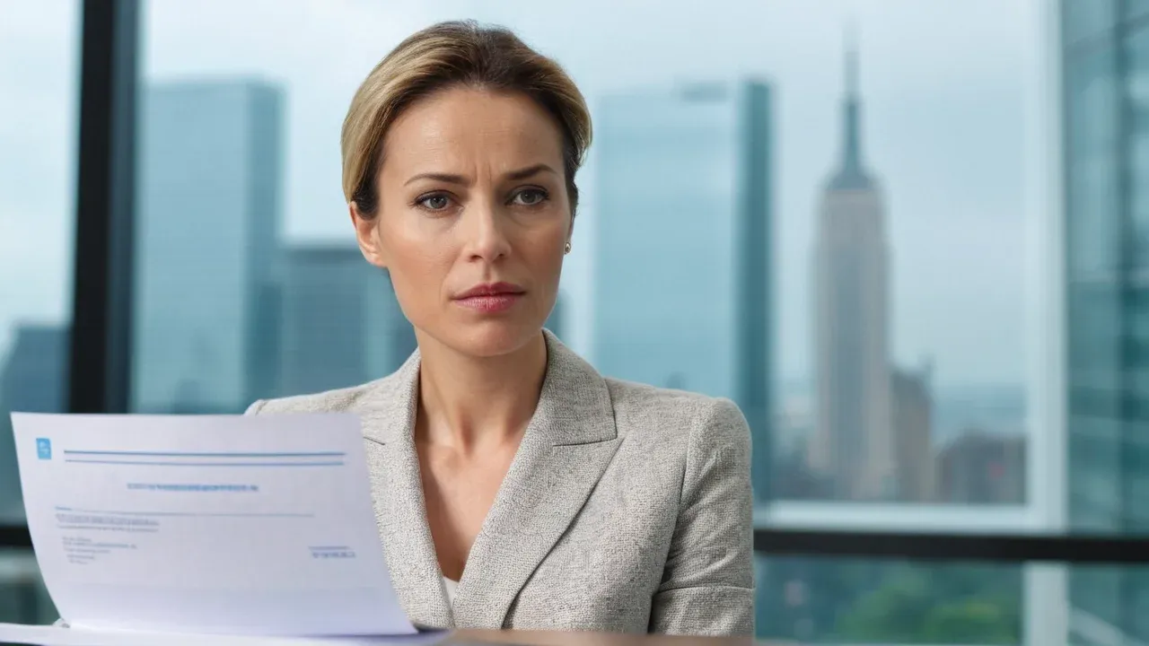 A close-up portrait of an adult woman (age 32) in a modern corporate office, looking at a laptop screen with deep concern.