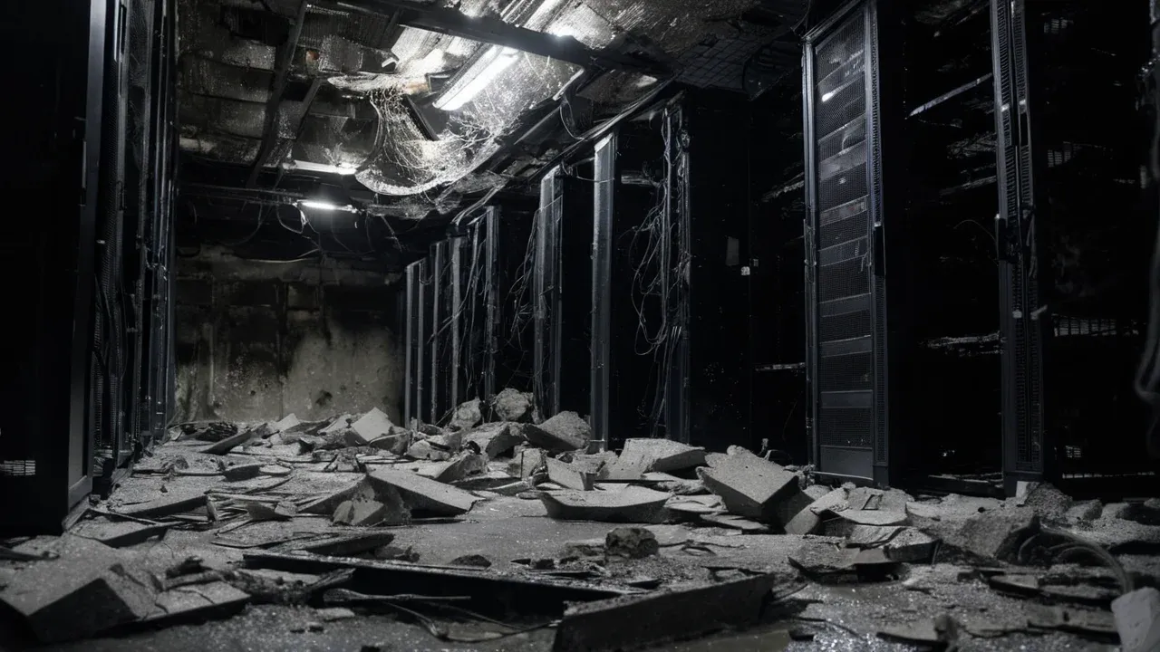 The aftermath of a Russian drone strike on a Kyiv business center housing critical internet exchange points, leaving server racks amidst rubble and severing digital lifelines for thousands of