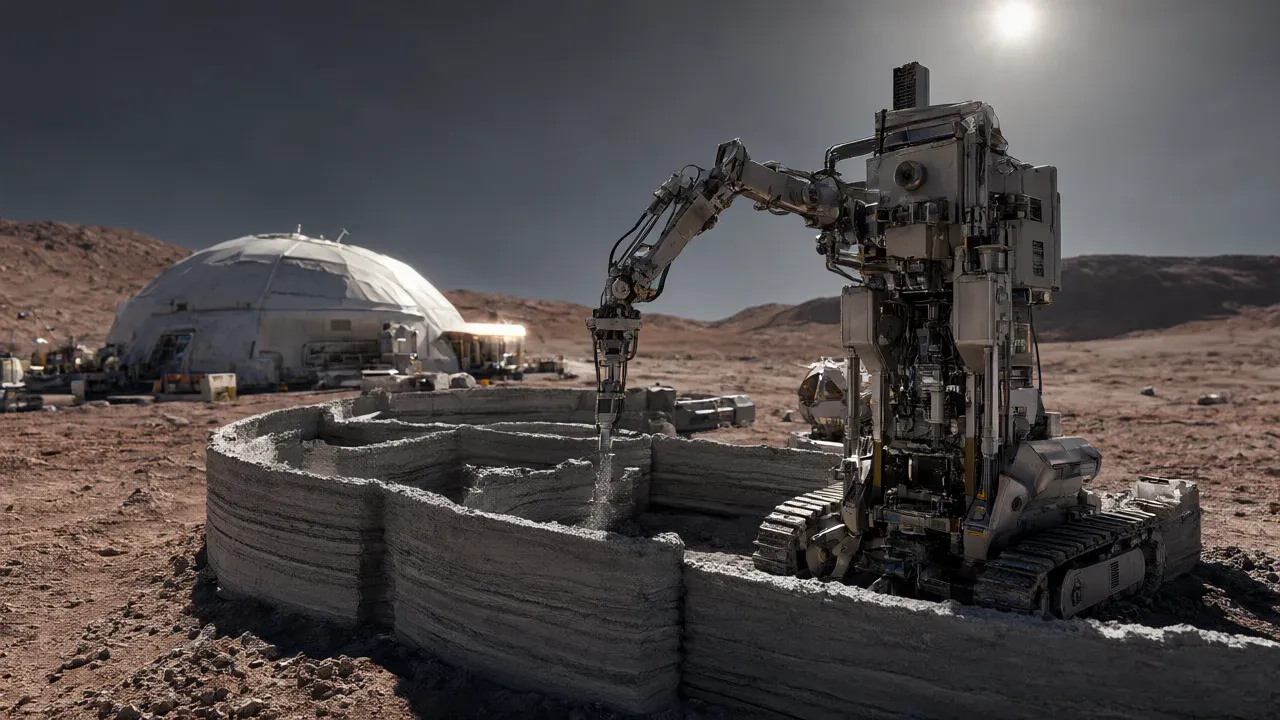 ICON's Titan printer constructs infrastructure on the moon in a visualization of its NASA-backed Project Olympus initiative.