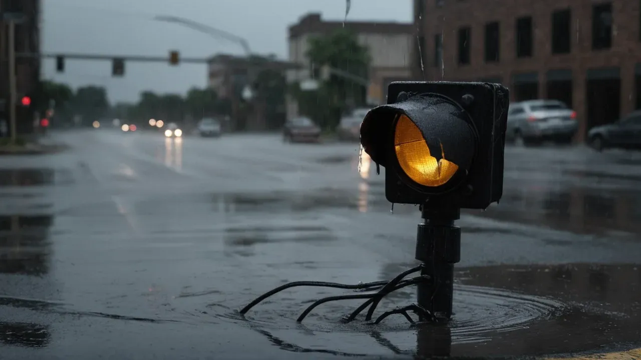 Darkened traffic signals and downed power lines in Mobile, Alabama, illustrate the widespread infrastructure damage and hundreds of thousands of customers left without electricity after Hurricane Isaias.