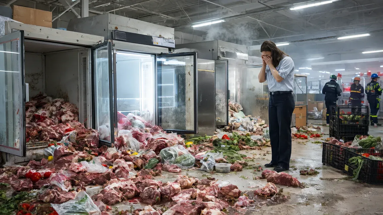 A store manager surveys the ruins of spoiled food in a French supermarket after hackers forced refrigeration systems to overheat, exposing vulnerabilities in retail supply chains.