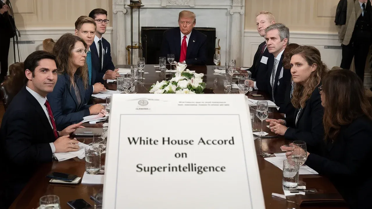 President Trump and tech CEOs gather at the White House to announce a voluntary safety pact for 'Super Intelligence,' marking a rebranding effort that lacks binding enforcement mechanisms.