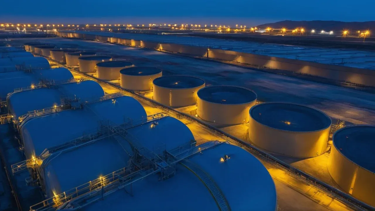 Depleted global crude oil buffers leave markets vulnerable to supply shocks, as illustrated by the vast but strained infrastructure of an oil storage terminal.