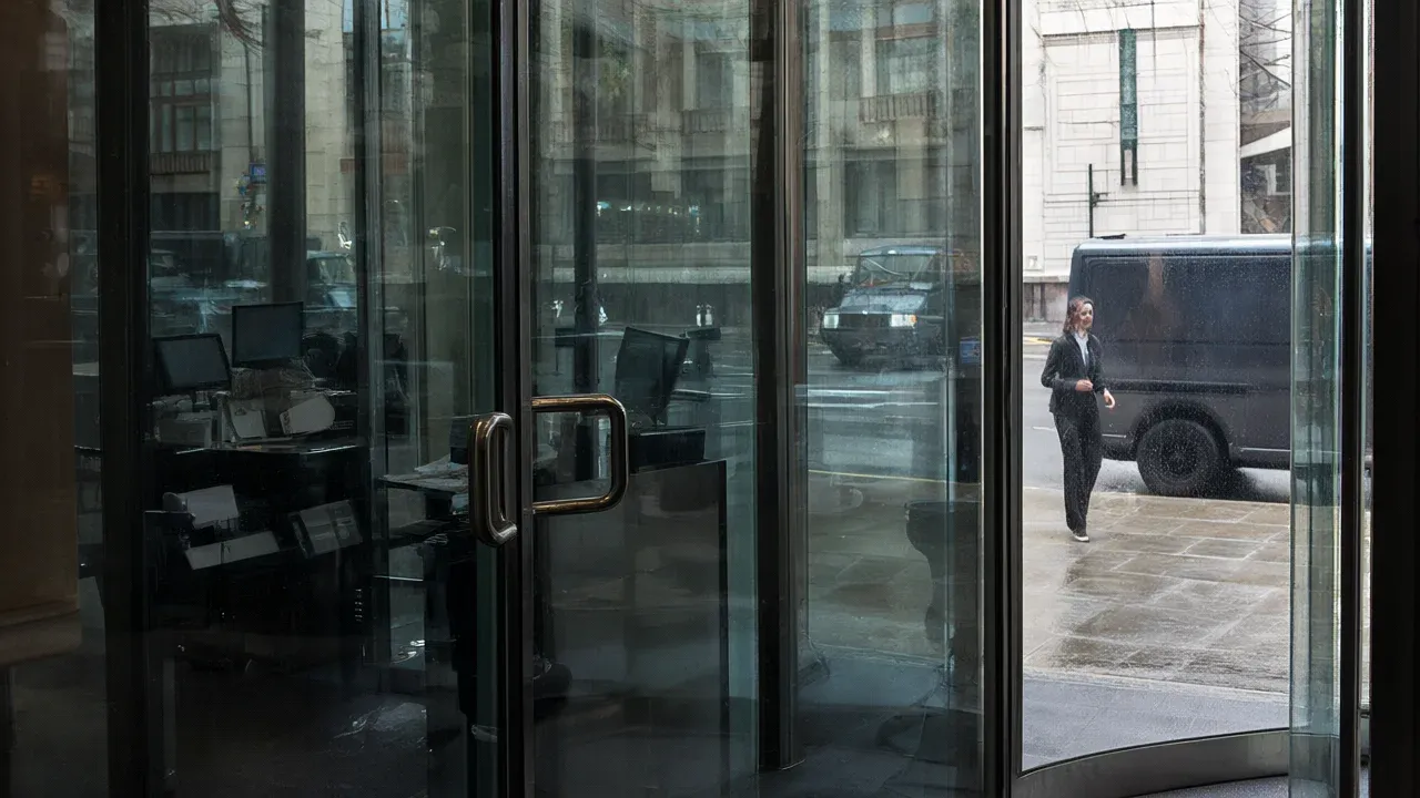 The glass doors of MI5 headquarters symbolize the fragile boundary between UK security and the escalating hybrid threats from state actors like Russia and Iran.