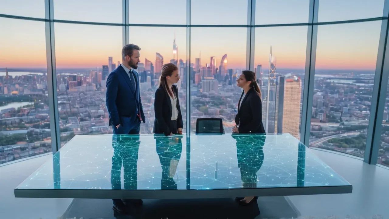 Editorial illustration of executives discussing AI infrastructure choices.