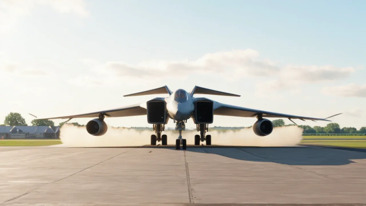 A B-1 Lancer bomber accelerates down the runway at RAF Fairford as the US Air Force urgently withdraws its heavy bomber fleet from the UK in response to a credible security threat.
