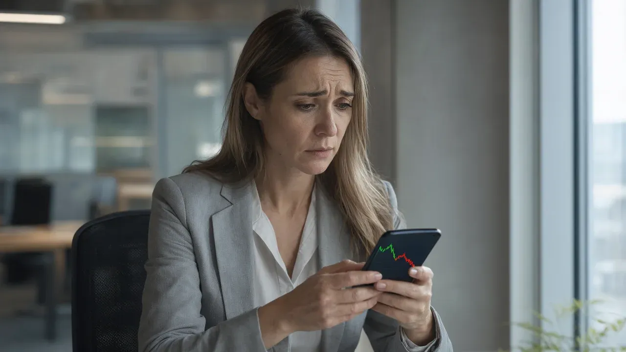 A concerned adult woman in an office looks at a smartphone displaying a sharp decline in revenue figures.