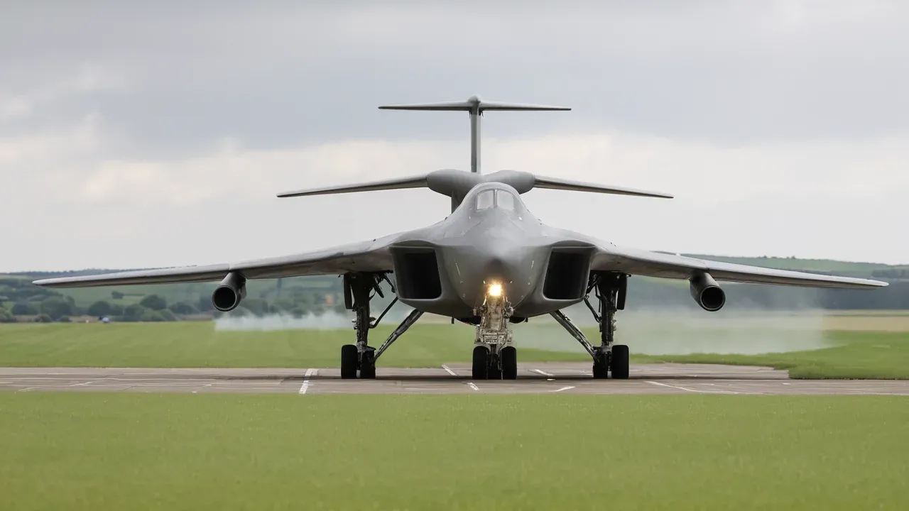 A B-1 Lancer bomber departs RAF Fairford in Gloucestershire, reflecting the US military's withdrawal of strategic assets from forward European bases due to heightened security threats.