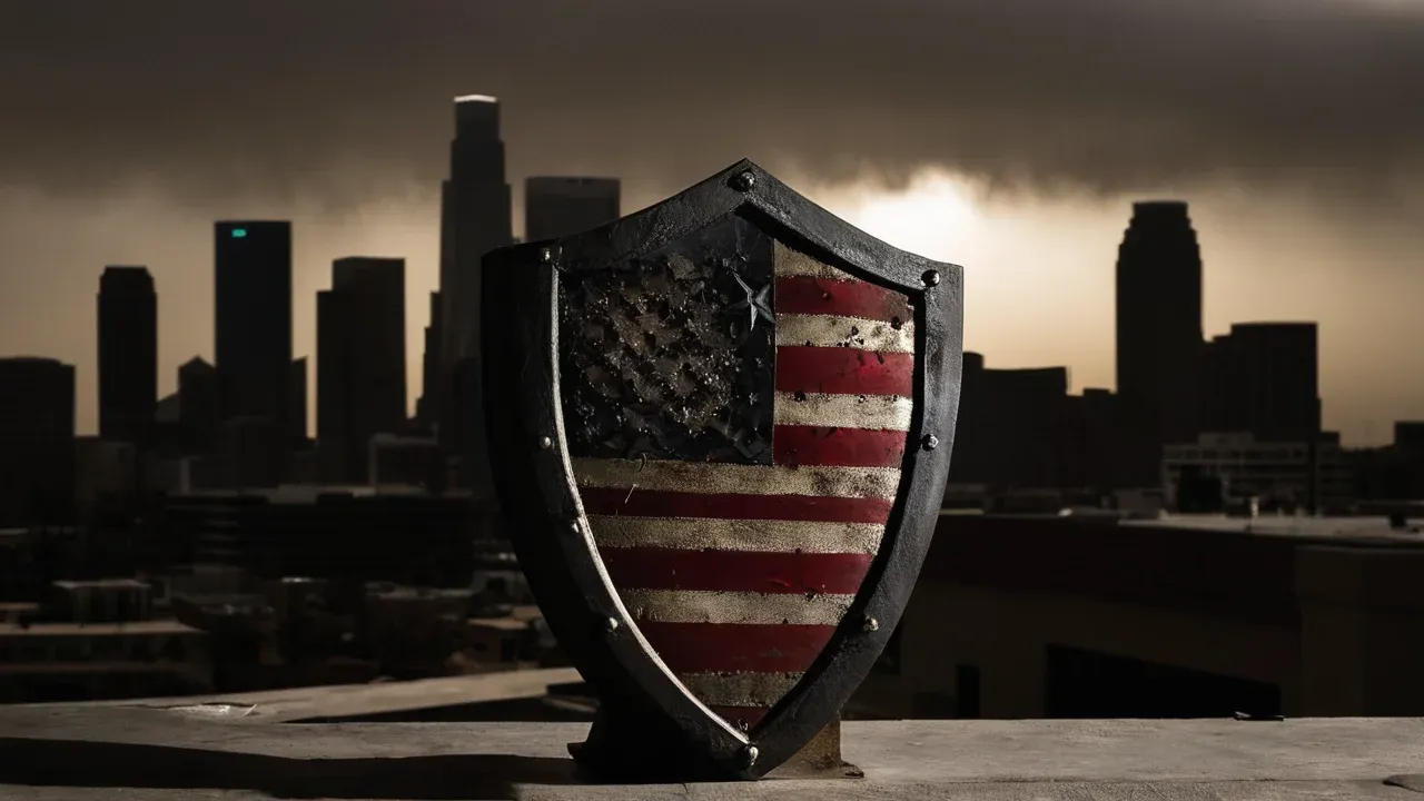 The tension between national security justification and domestic political fallout is visualized through a protective shield standing before the silhouettes of threatened California cities.