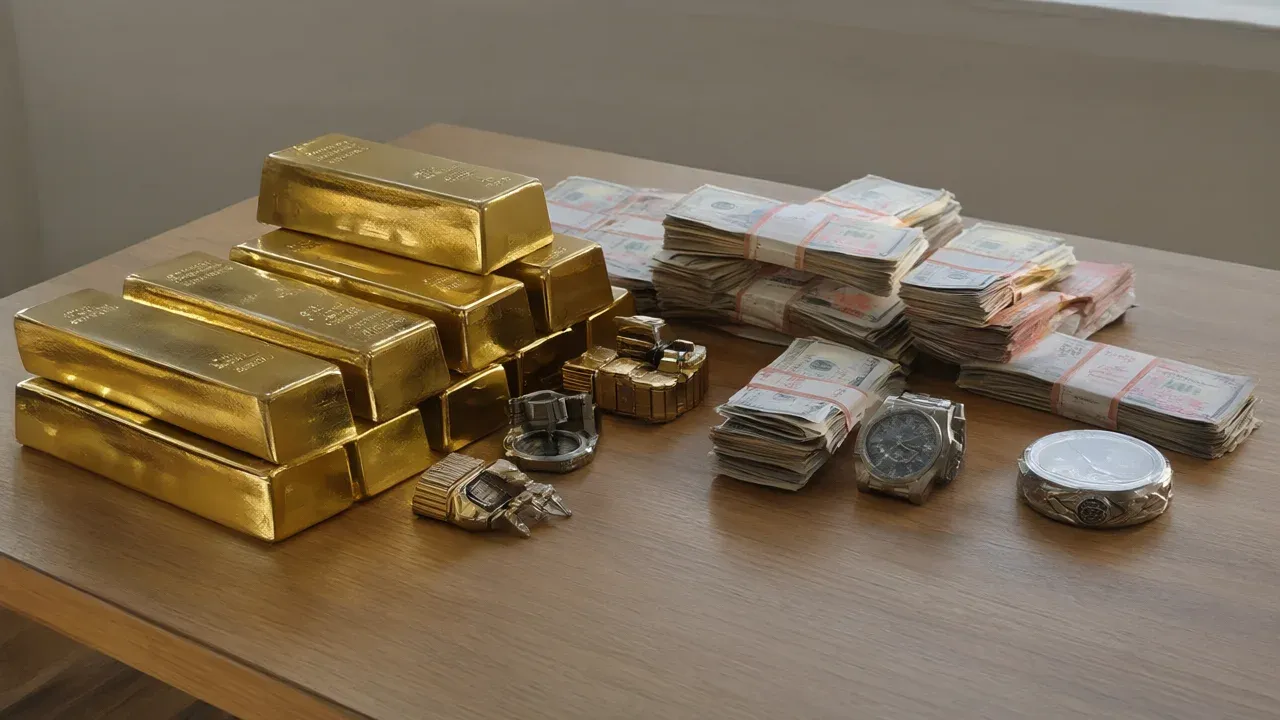 Recovered gold bars, cash and watches laid out as physical evidence of the fraud scheme.