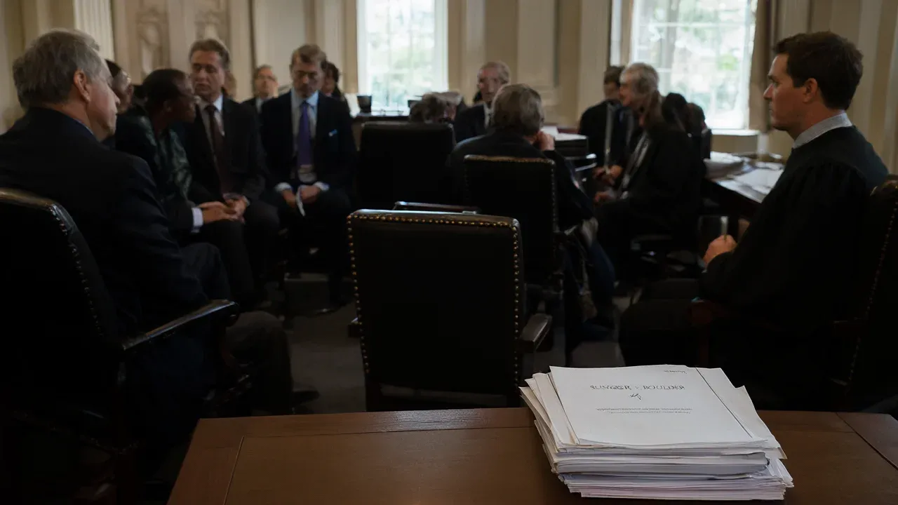 Conceptual illustration of an empty chair representing judicial recusal, surrounded by legal proceedings.