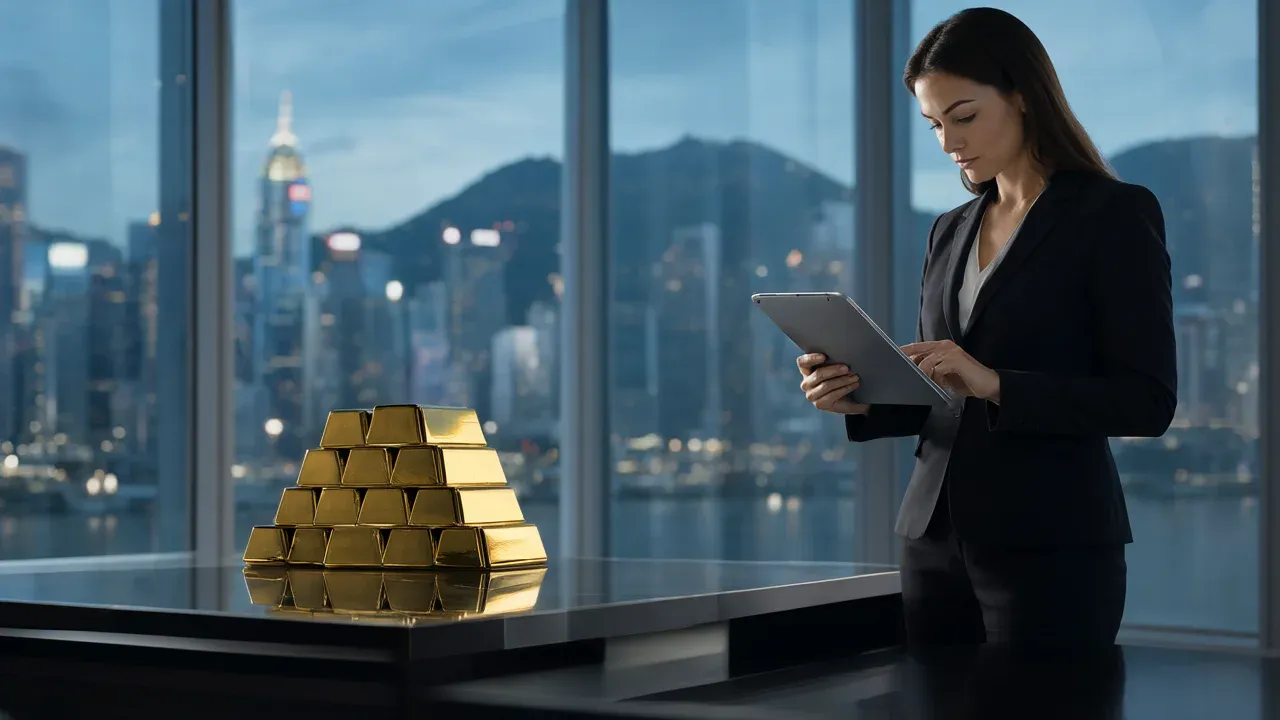 Gold bullion sits on a desk in a Hong Kong office as Asian hubs absorb Russian gold flows displaced by Western sanctions, reflecting China's strategic accumulation of reserves.