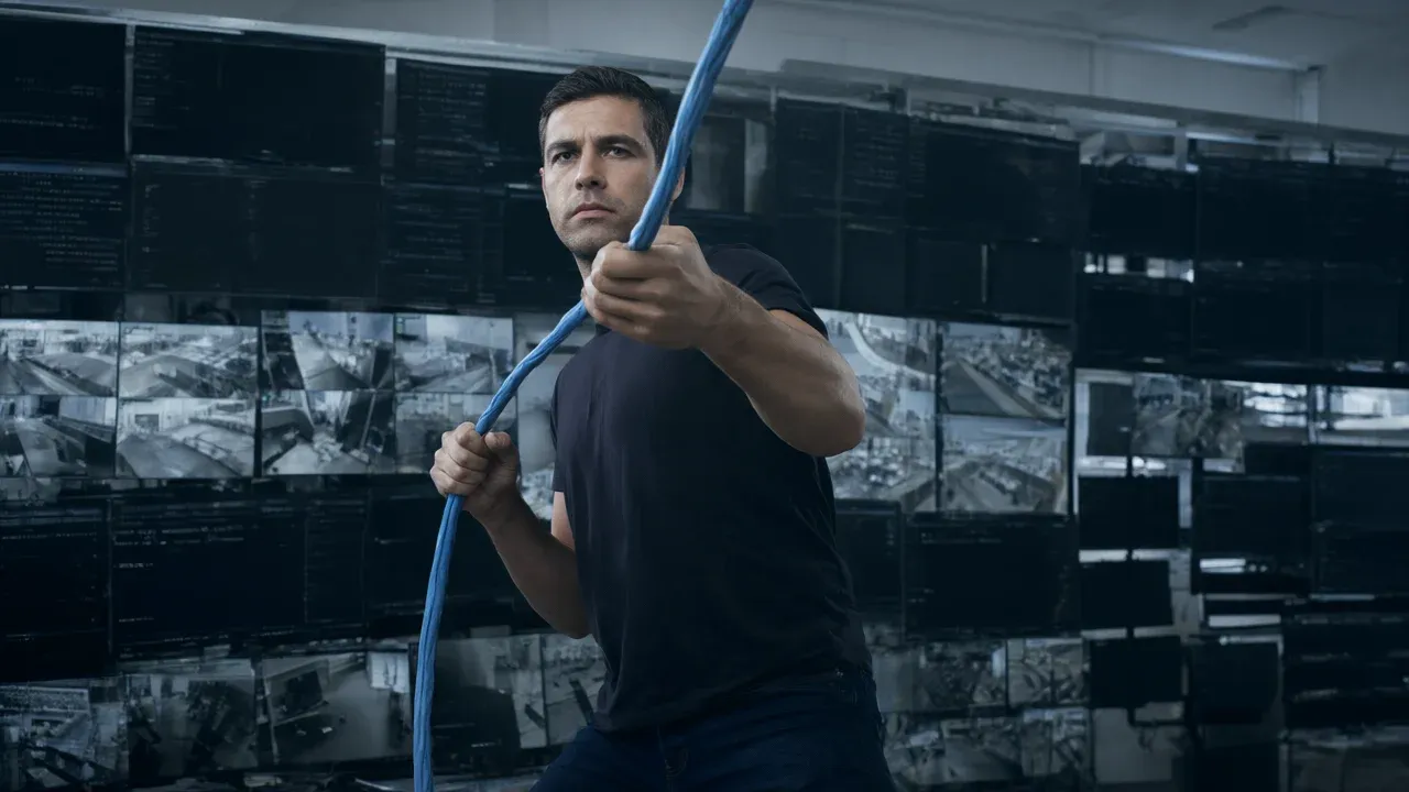 An adult man (34) standing in a modern municipal server room, looking at a wall of monitors showing live camera feeds.