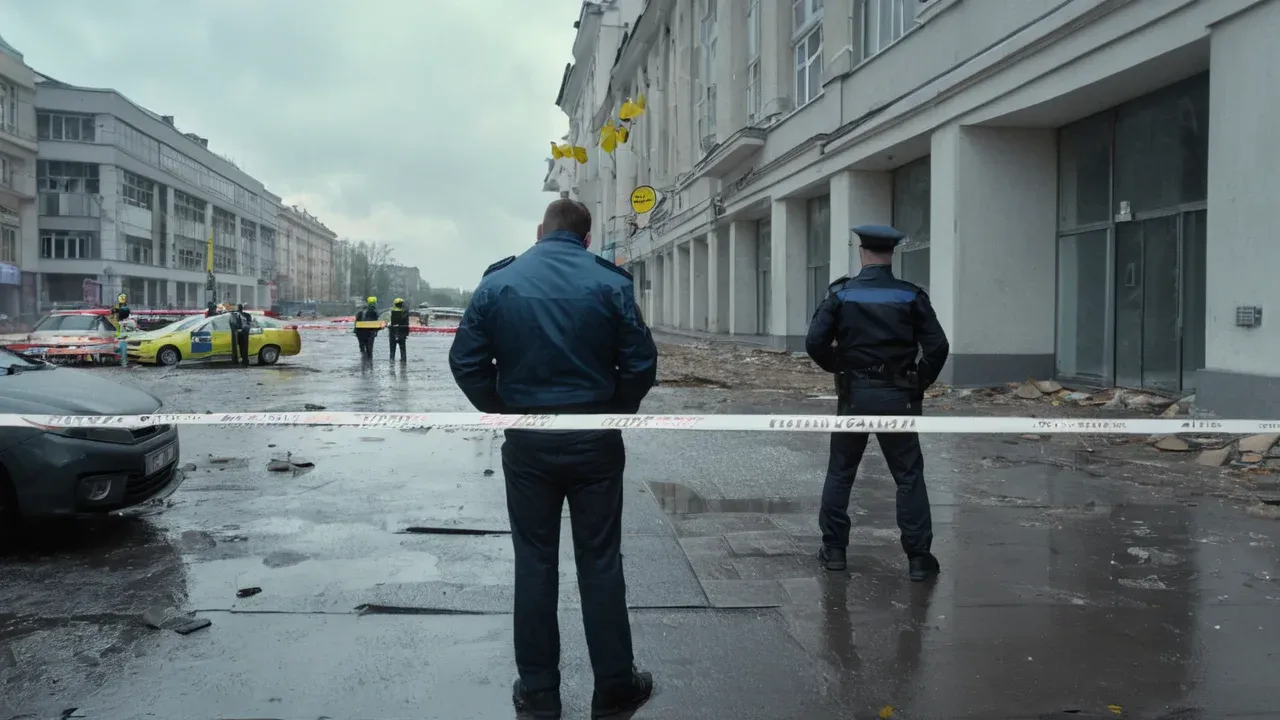 Emergency responders and civilians assess the damage at a Kyiv business center housing Datagroup offices after a drone strike.