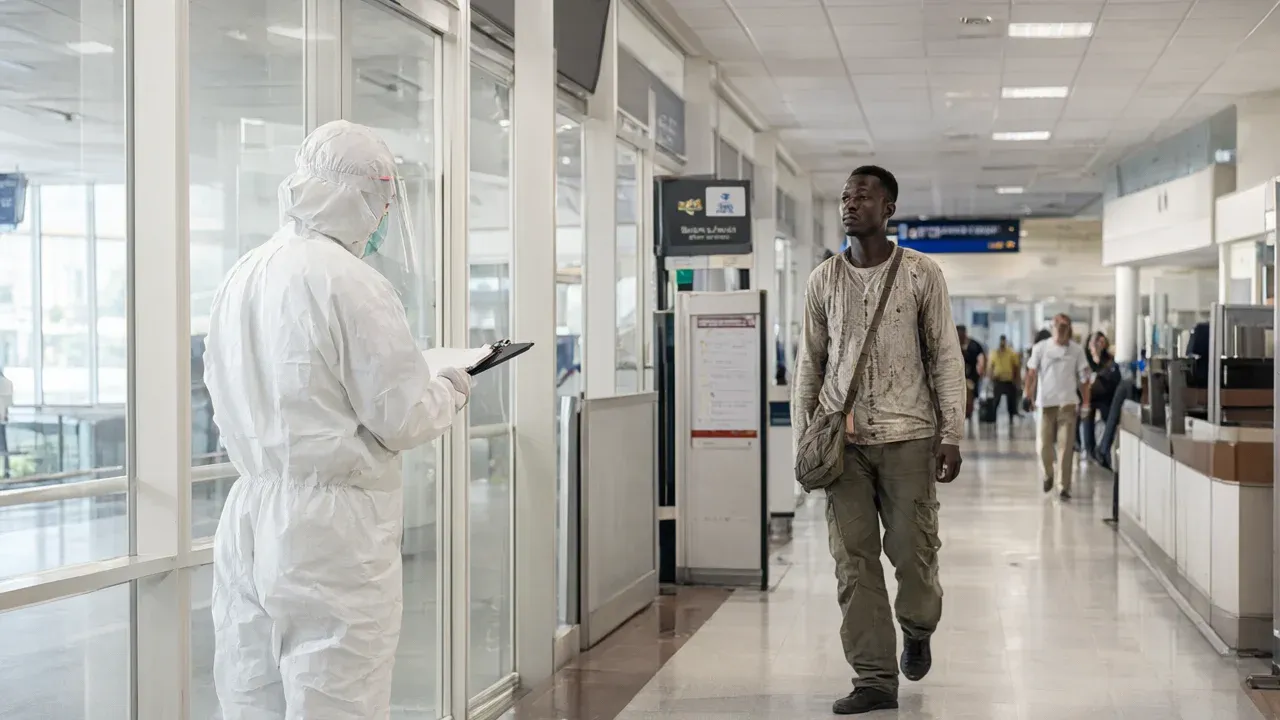 Health officials conduct screenings at Nairobi's airport as the Ebola case confirms the virus's ability to cross borders despite surveillance measures.