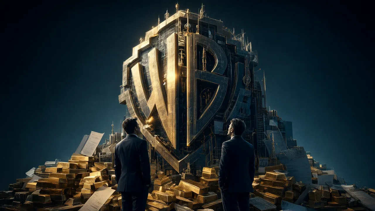 A massive stone pillar labeled 'Skydance' rising from a foundation of stacked gold bars and financial documents.