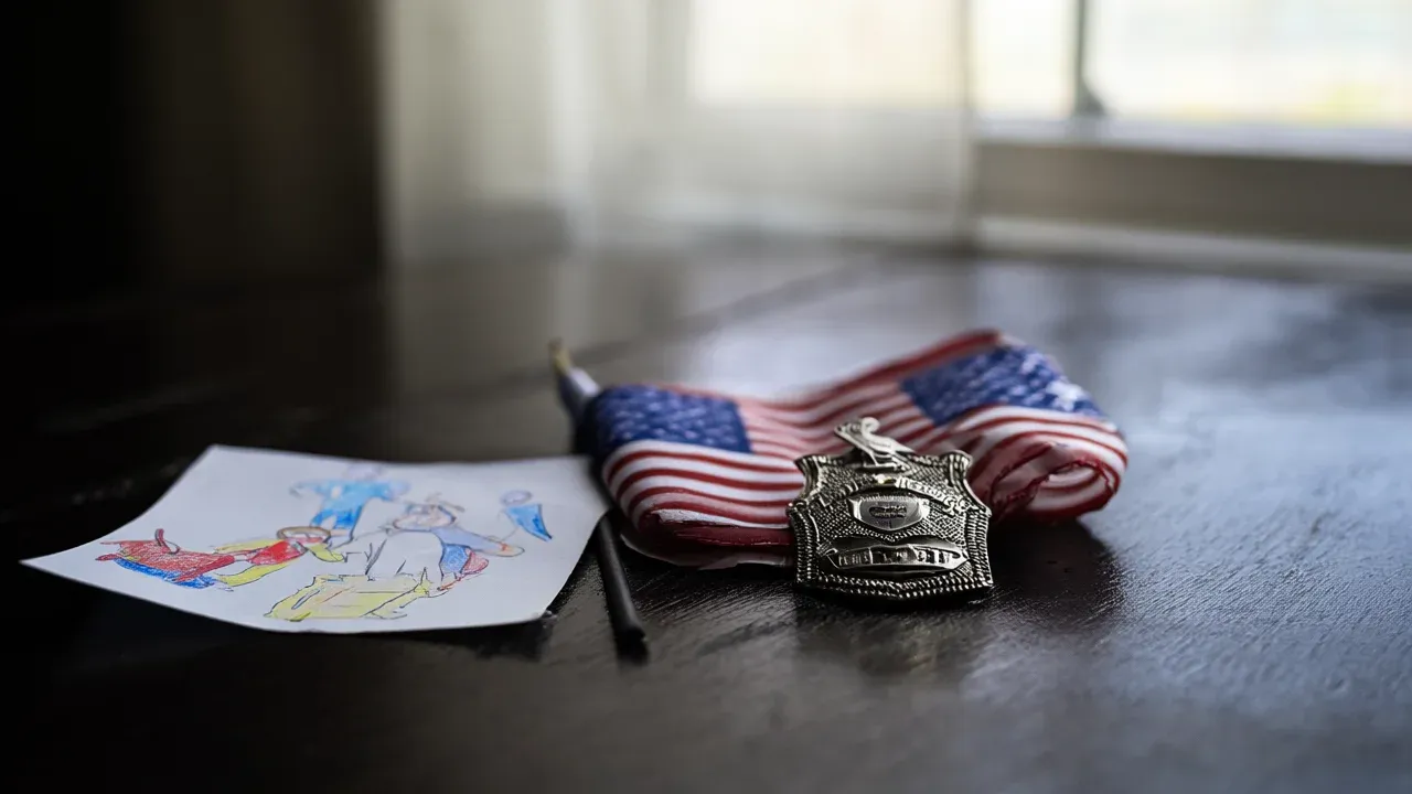 A police badge and personal mementos rest at a quiet memorial for Officer Shane Seiber, honoring the father of two who was killed in a premeditated ambush on Philadelphia's North 52nd Street.