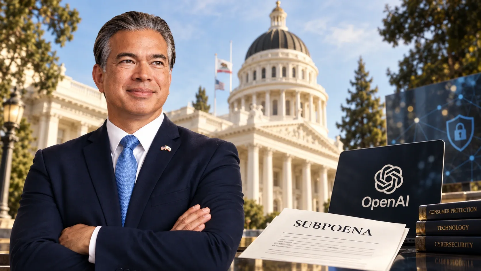 Editorial composition of California Attorney General Rob Bonta, based on his official portrait, with the State Capitol, an OpenAI emblem and a subpoena document.